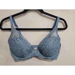 Victoria's Secret 36DD Lightly Lined Lace Plunge Bra - Blue Floral V-Hardware